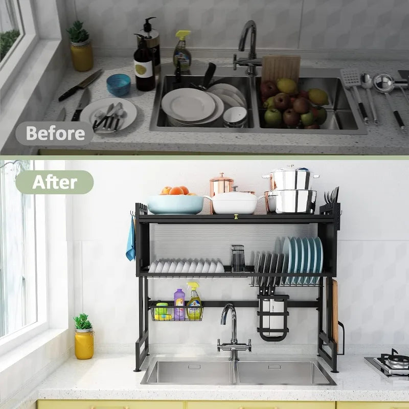 Bukfen OverTheSink 2-Tier UltraDurable StainlessSteel Dish Drying Rack With Cover