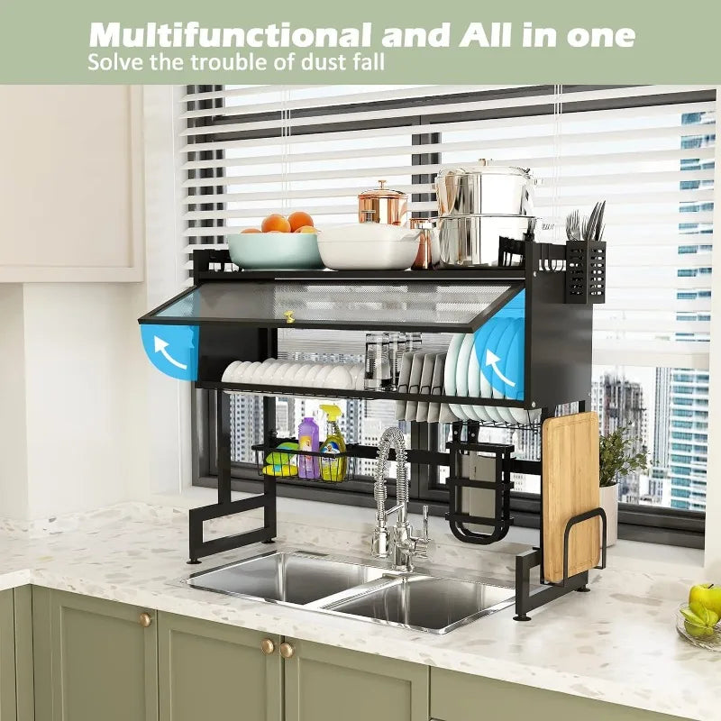 Bukfen OverTheSink 2-Tier UltraDurable StainlessSteel Dish Drying Rack With Cover