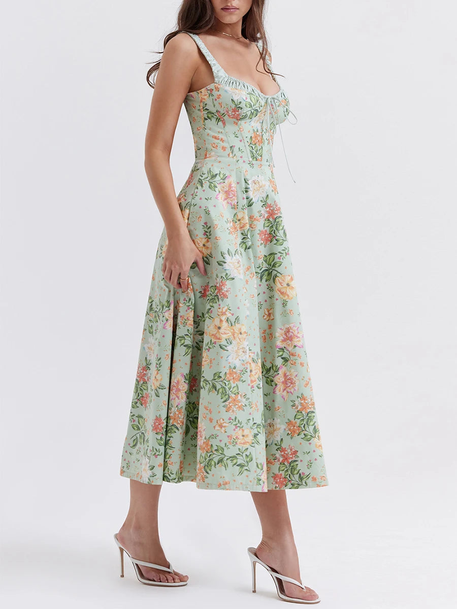 Hirigin Women Floral Print Backless Sleeveless Midi Dress
