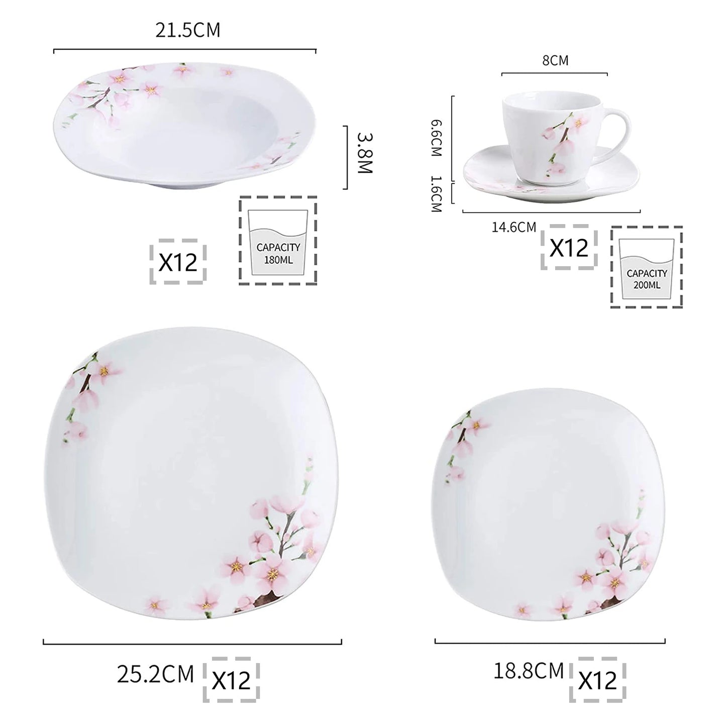 MALACASA Annie Porcelain Dinnerware Set Plates Cups Saucers