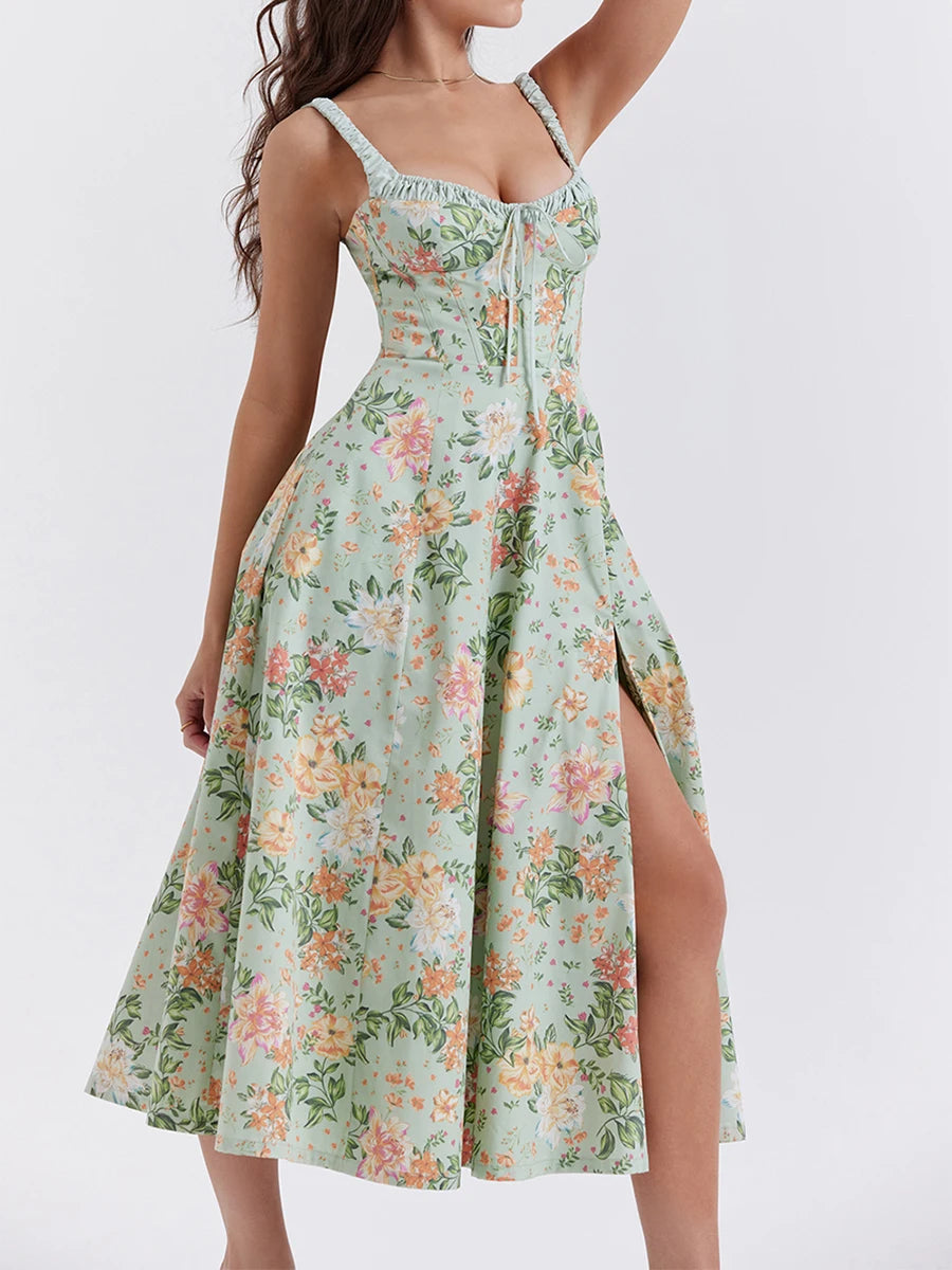 Hirigin Women Floral Print Backless Sleeveless Midi Dress